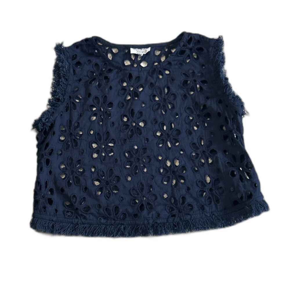Mademoiselle Hortense Saint Barth Top Women Medium Navy Crochet Open Fringe Crop
